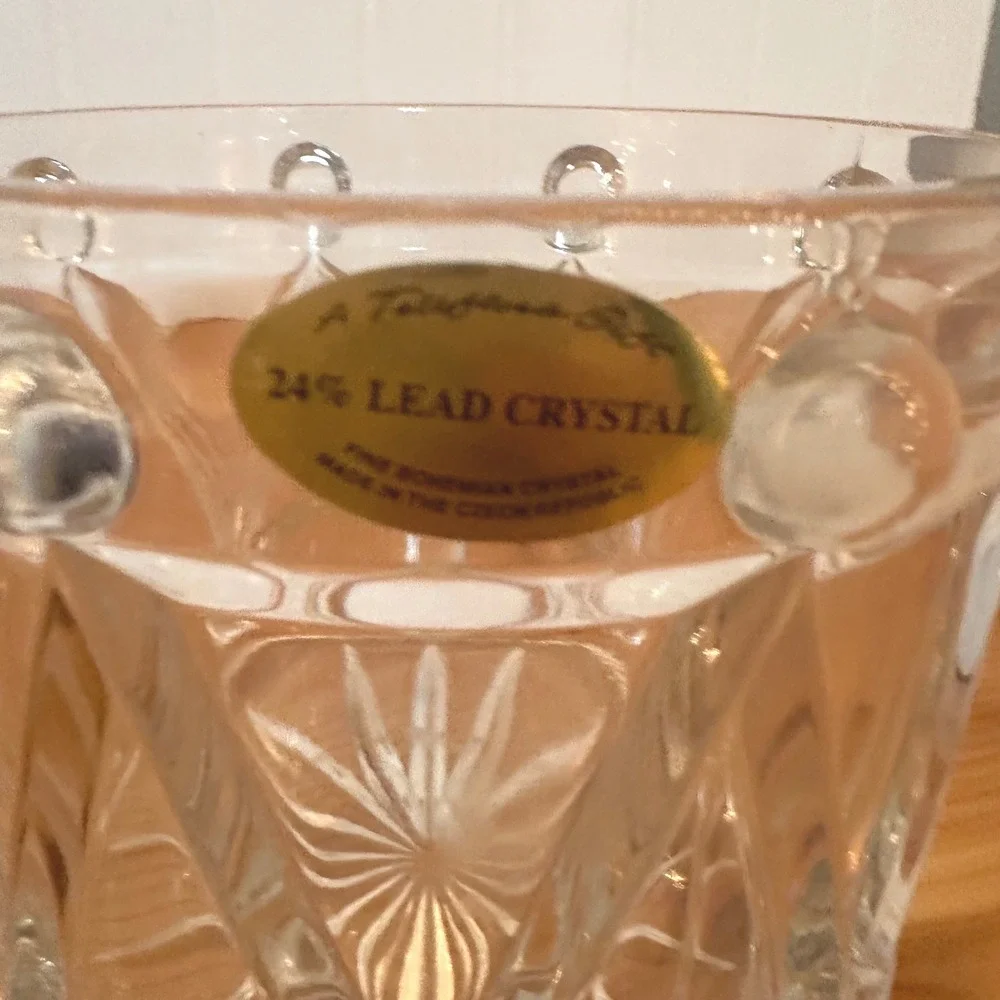 Teleflora Bohemian Lead Crystal Drum Bowl Clear Exc Czech Republic 5in Xmas Vntg